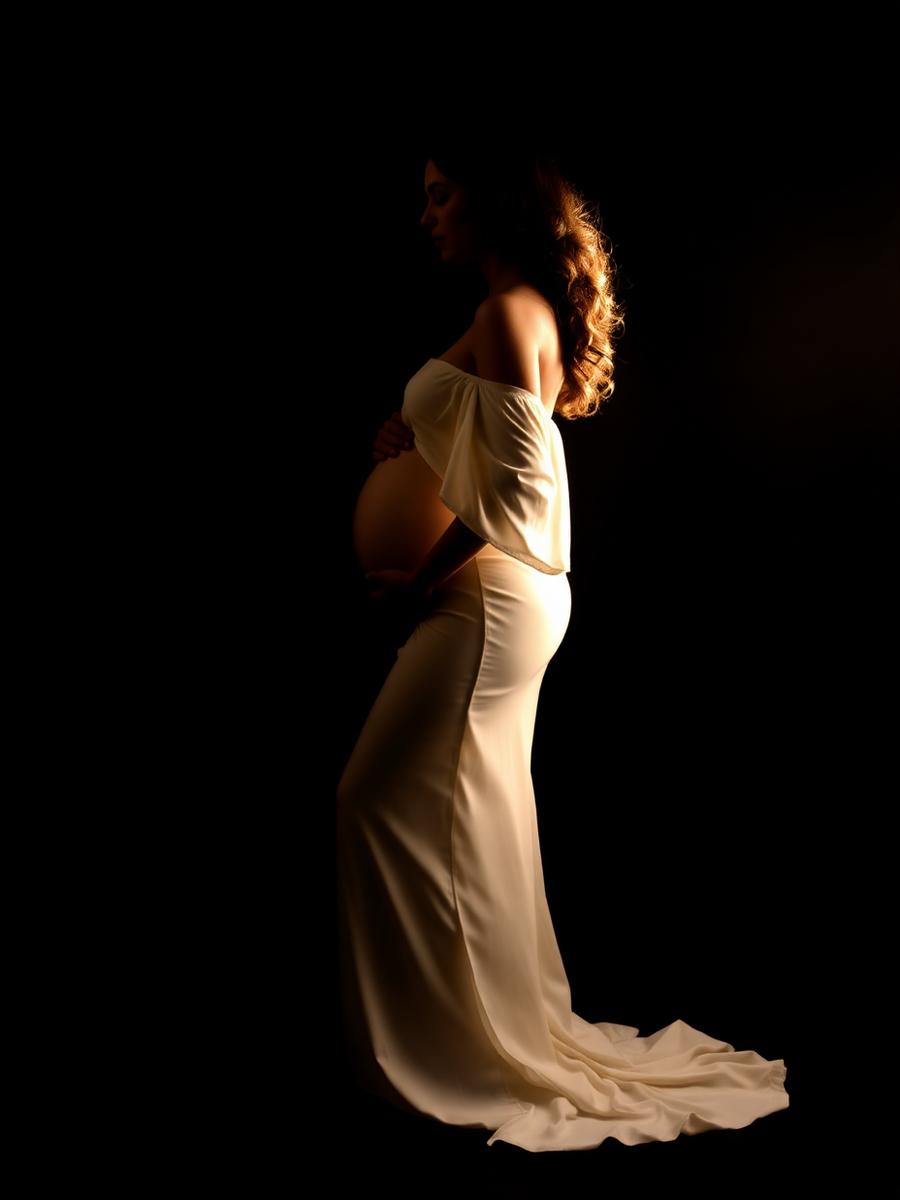 Gestante em vestido branco sereia